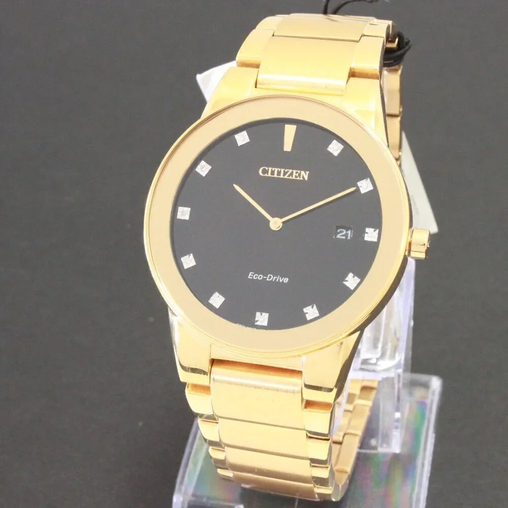 Citizen Axiom Eco Drive Men's Watch Diamond Indices Gold Tone Black Dial 40mm